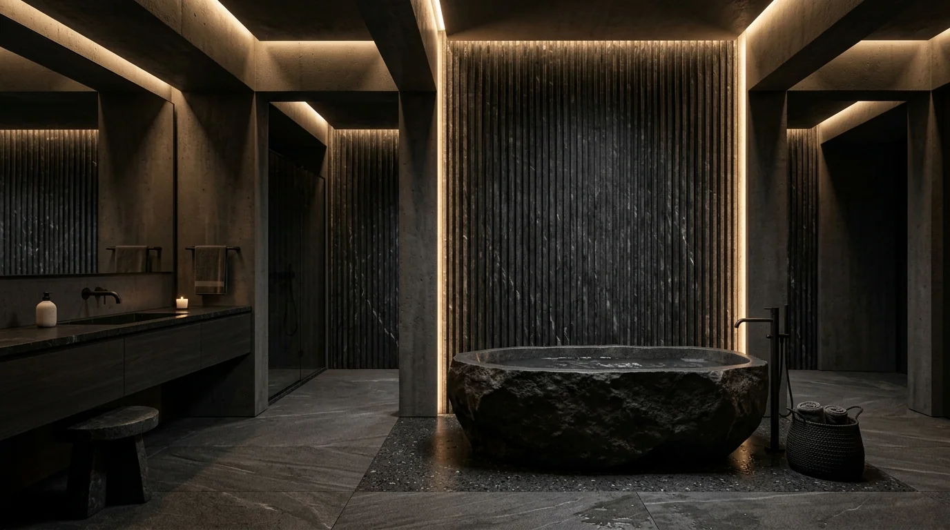 A calm bathroom interior with a freestanding bath